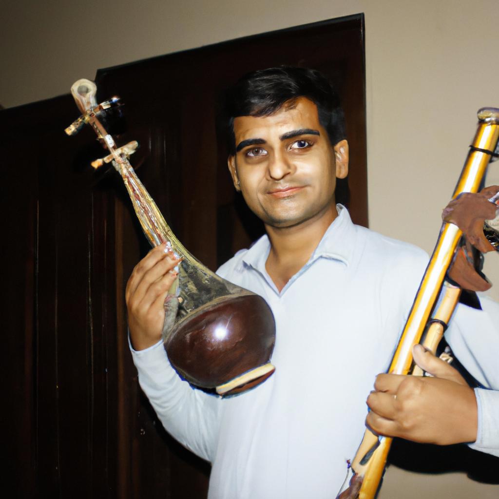 Person holding musical instruments, smiling