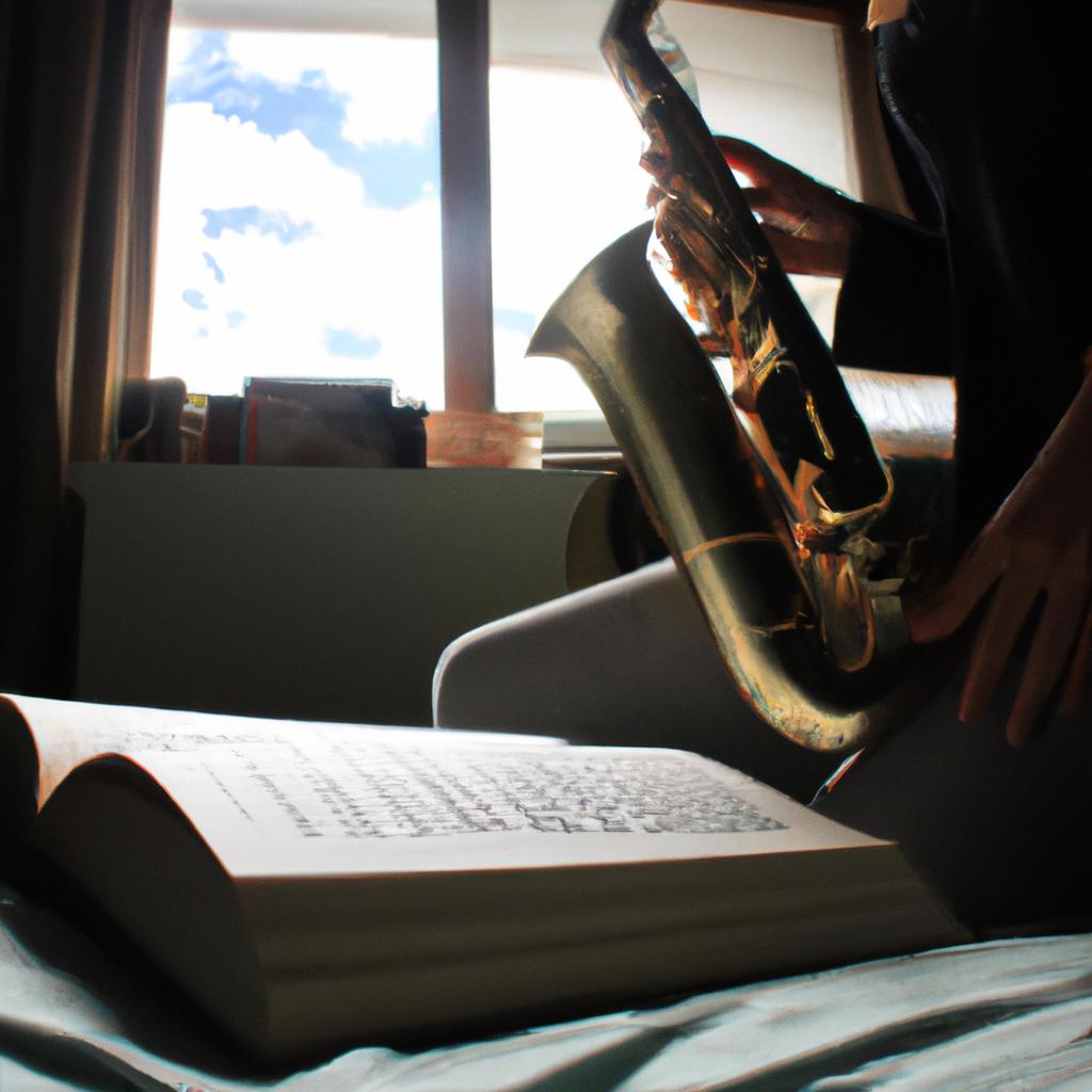 Person playing saxophone, reading book